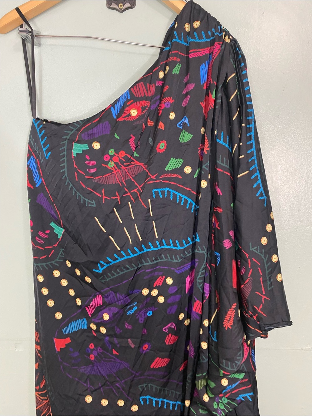 Hutch Printed One Shoulder Gown Maxi Dress Black Multi Artsy Vacation XL - Picture 9 of 9